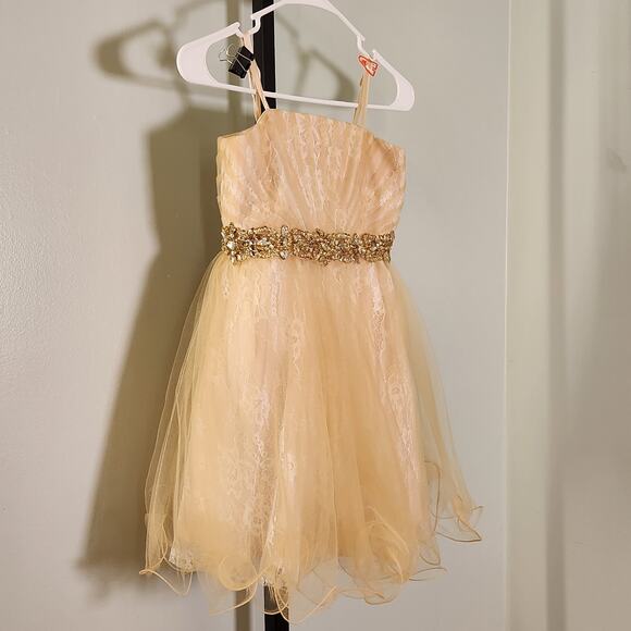 TONI Sleeveless Pale Yellow Girls Lace Dress with Tulle, Size 8 - Picture 3 of 11